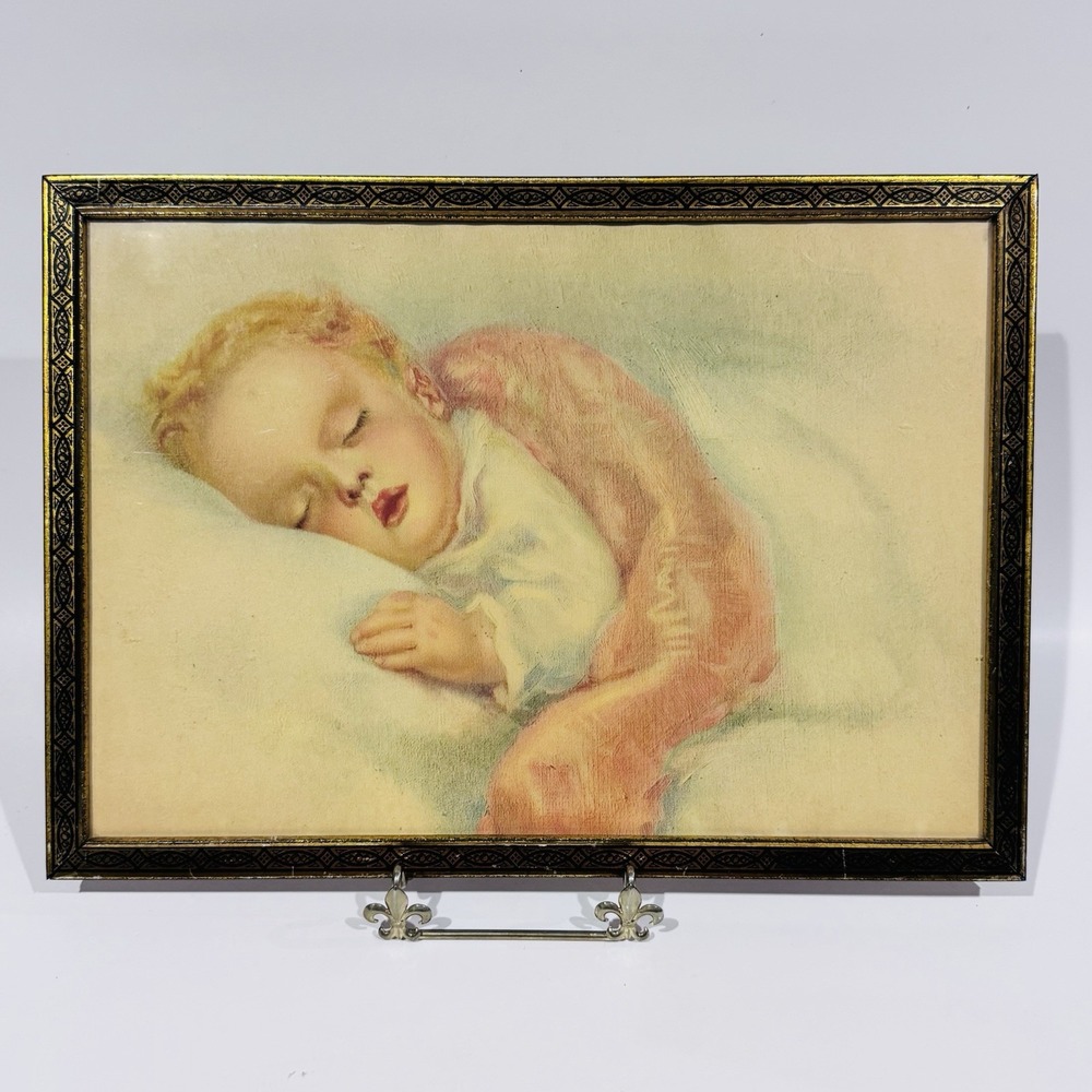 Vintage Pastel Painting of a Sleeping Baby Gold Color Frame w Black Scroll 16x14